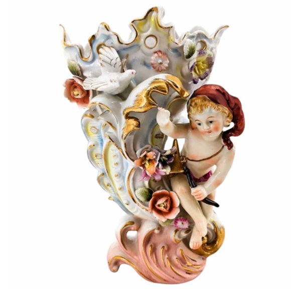 Capodimonte Painted Porcelain Cupid Art VaseVintage